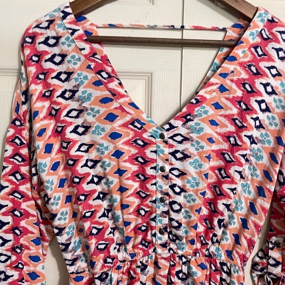 Red Camel Womens Pink Geometric Aztec Vneck Roll Tab Sheath Dress Medium - Picture 3 of 6